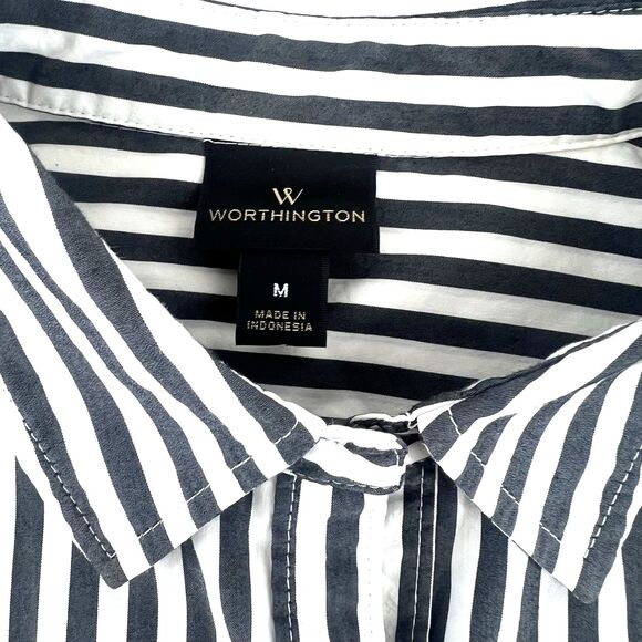 Worthington Blak White Striped Button Down Shirt Womens Size M - Picture 3 of 10